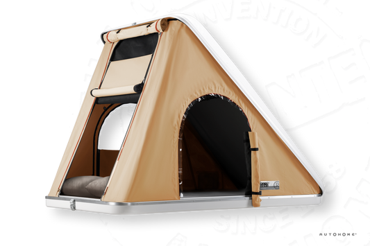 Autohome Rooftop tent Columbus Variant with white hardshell and safari colored textile